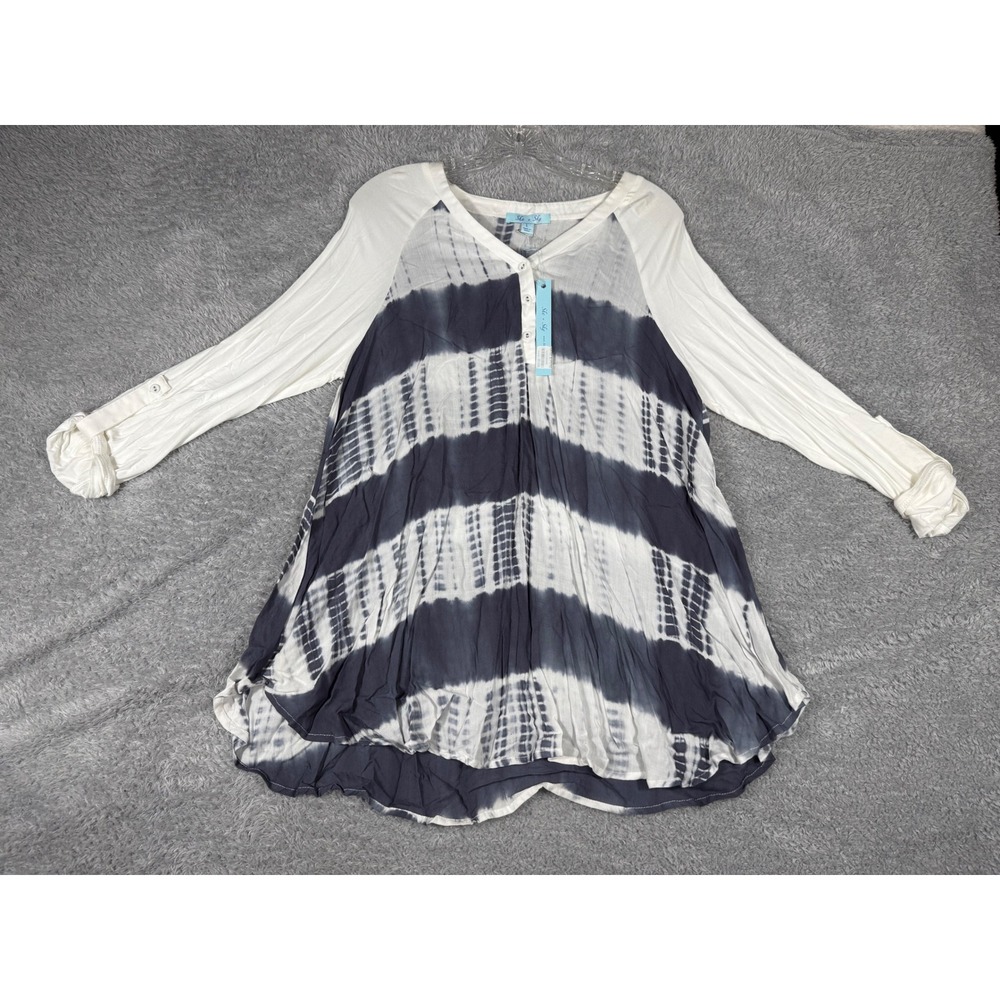 She + Sky Tie Dye Tunic Women Large Navy White New Henley Roll Tab Boho Top